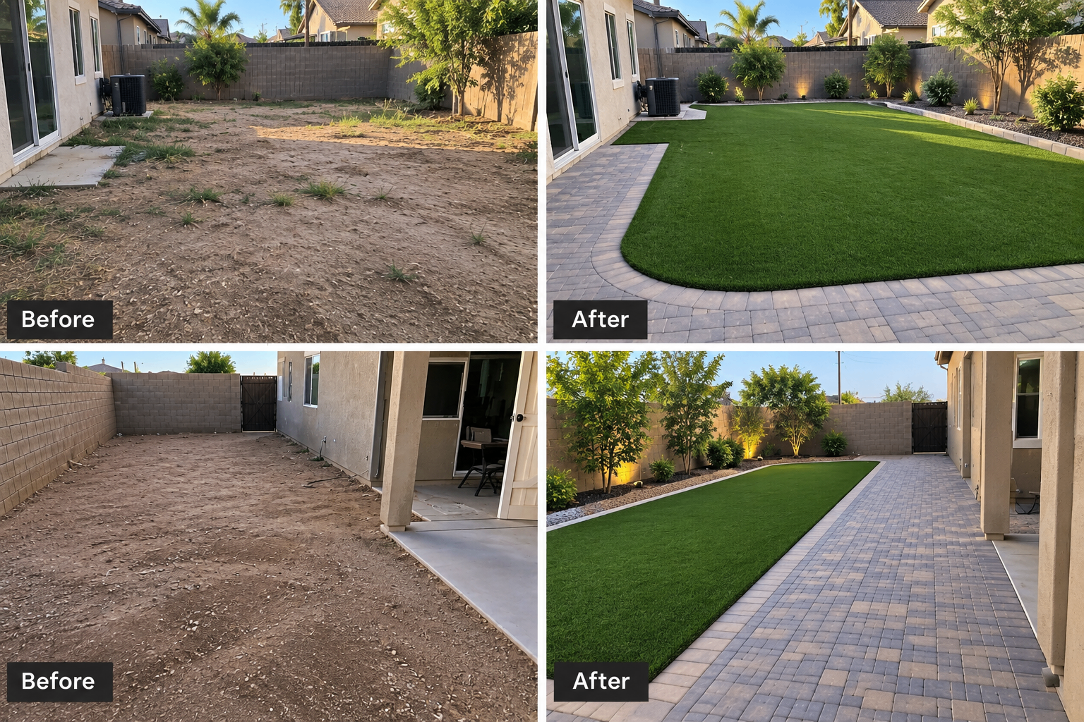 Before and after photos of a dirt backyard transformed with artificial turf, curved paver edging and landscape lighting