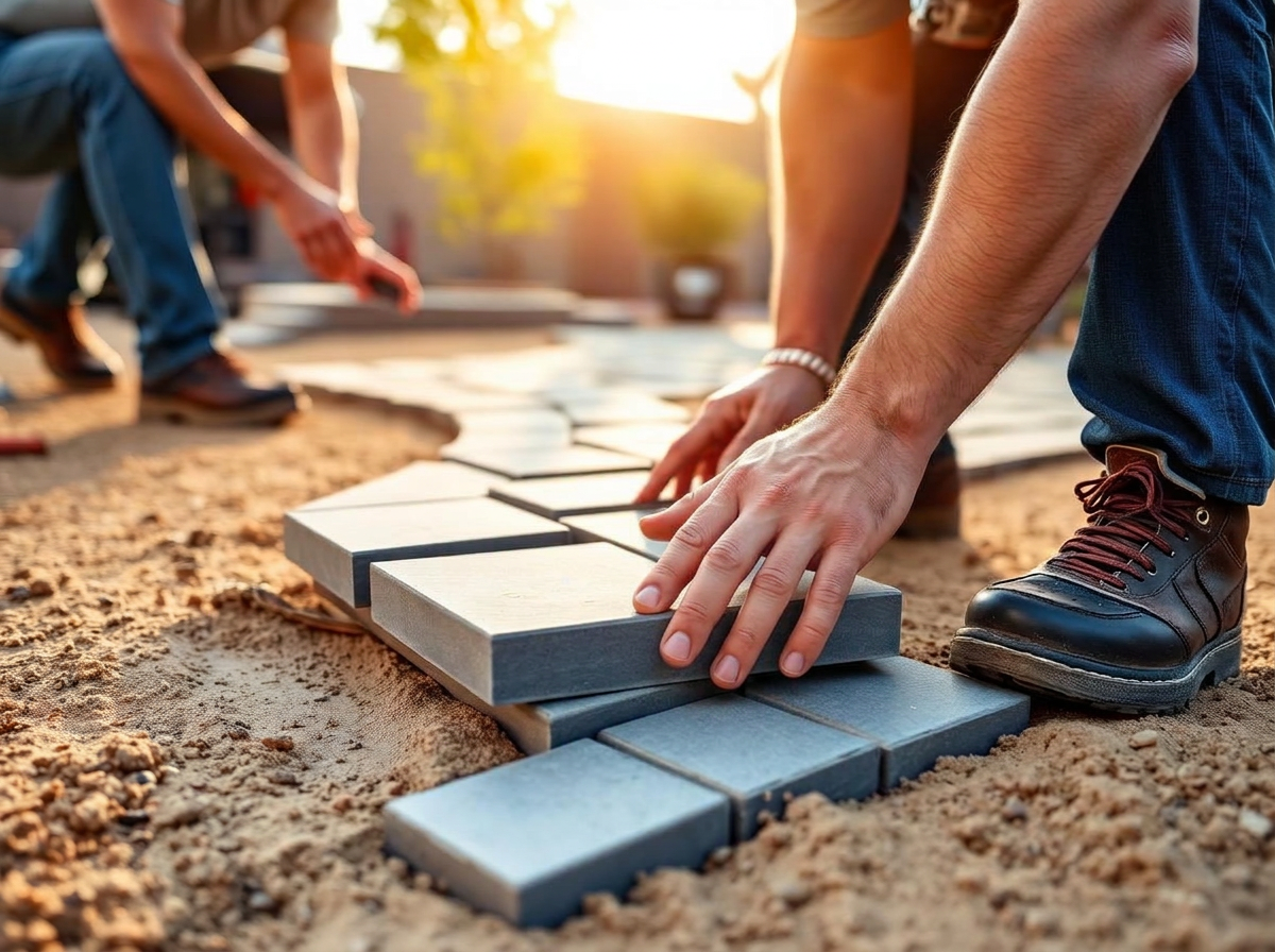 Gray stone pavers being installed on a prepared base