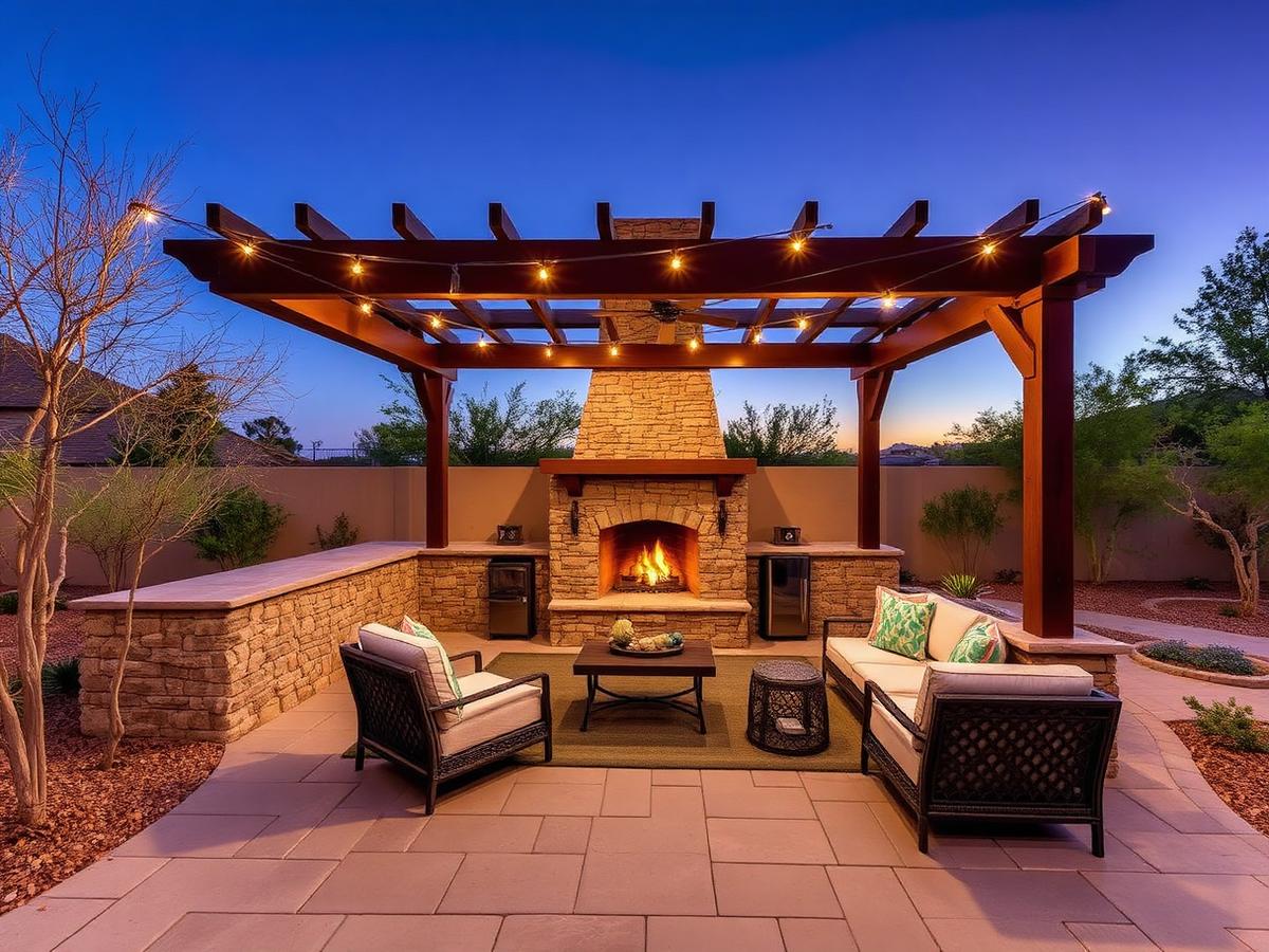 Travertine patio with pergola, fire feature and landscape lighting in a Phoenix backyard
