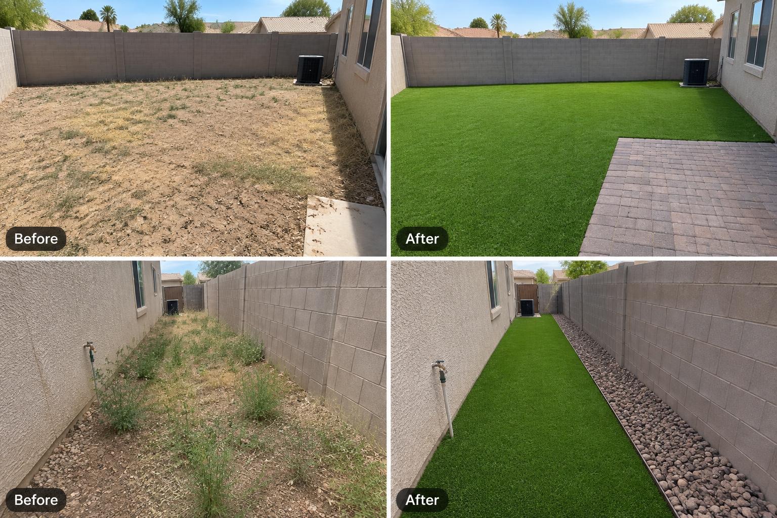Before and after photos of a patchy backyard and weedy side yard transformed with artificial turf, pavers and decorative rock