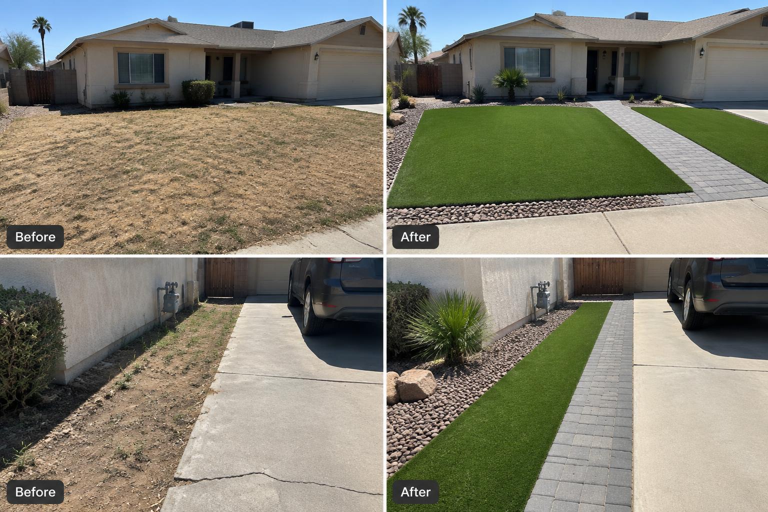Before and after photos of a dying front lawn and dirt driveway strip transformed with artificial turf, pavers and desert rock