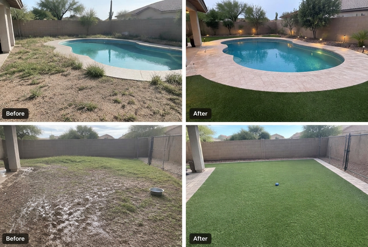 Before and after photos of a bare pool area and muddy side yard transformed with artificial turf, pavers and lighting